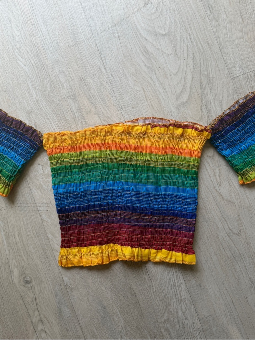 Rainbow Smocked Off-Shoulder Crop Top